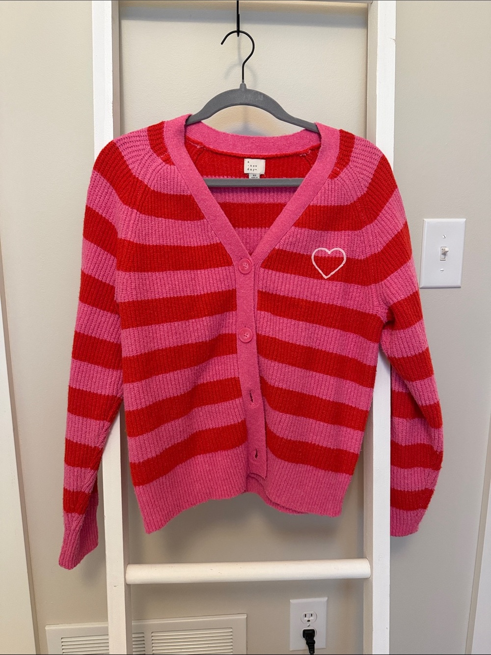 a new day Pink and Red Striped V-Neck Cardigan with Heart Patch